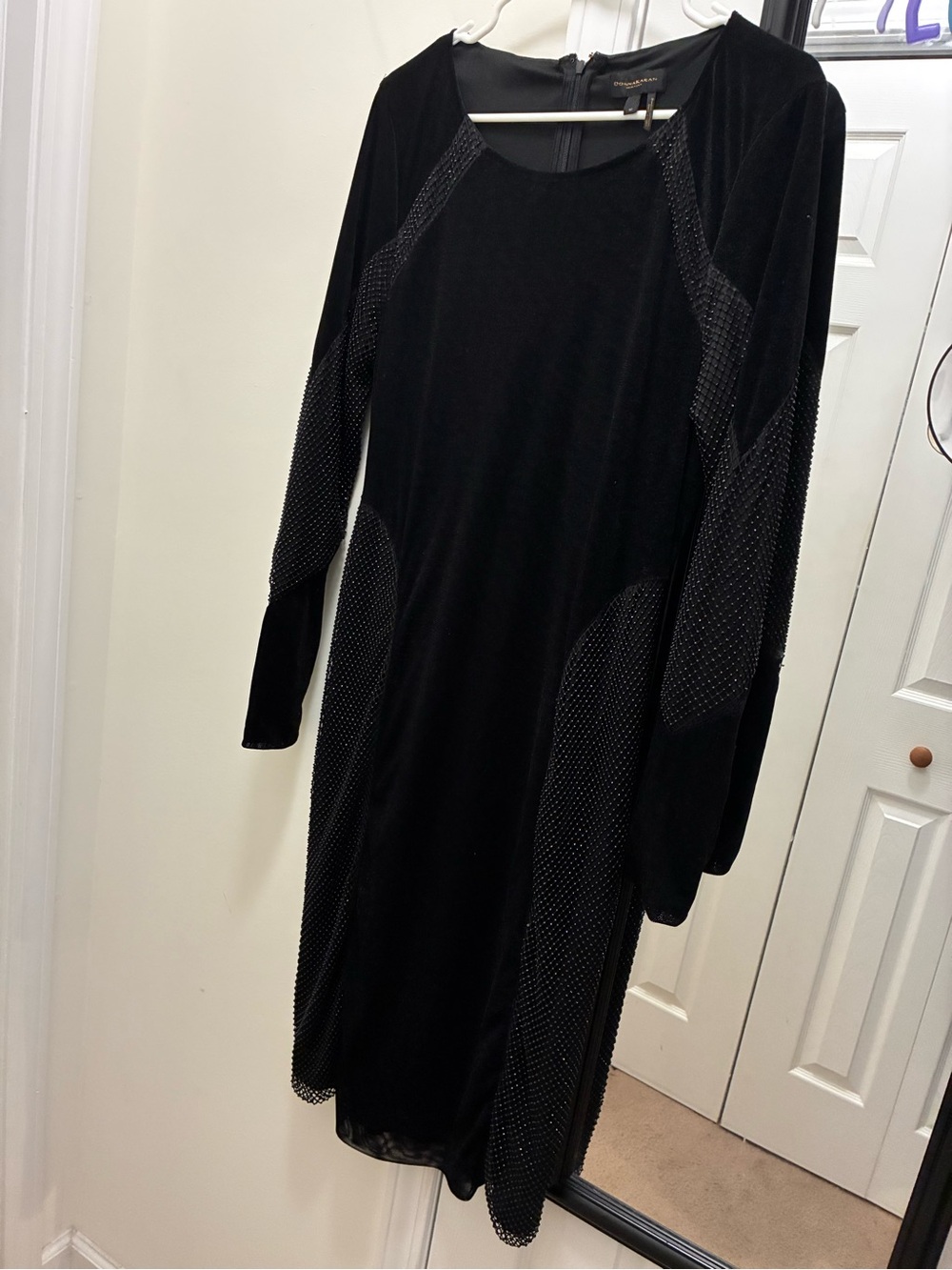 Donna Karan Black Long-Sleeve Velvet Dress with Rhinestone Accents